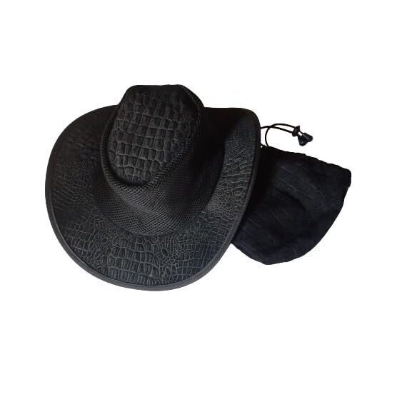 5298 Foldable Leather Hat With Crocodile Print & Mesh Ventilation Outdoor Sun
